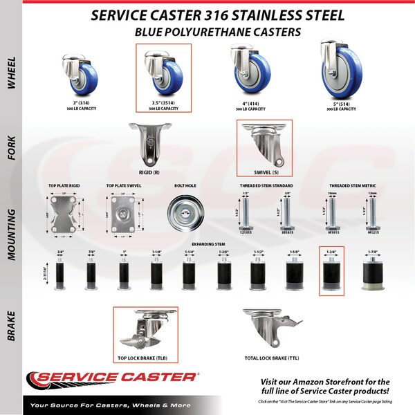 Service Caster 3.5 Inch 316SS Blue Polyurethane Swivel 1-3/4 Inch Expanding Stem Caster Brake SCC-SS316EX20S3514-PPUB-BLUE-TLB-134 - main